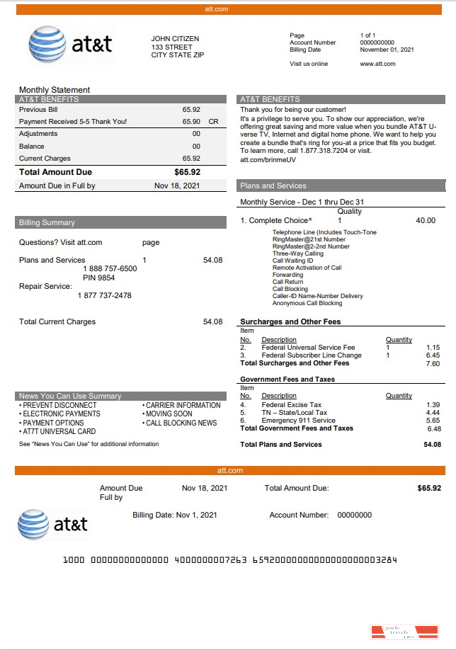 USA Texas AT&T telecommunications utility bill template in Word and PDF format